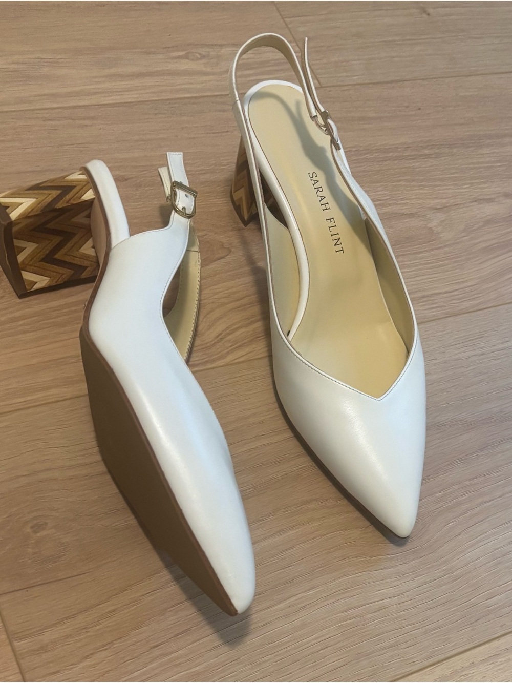 Sarah Flint White Pointed-Toe Slingback Pumps with Patterned Block Heel-Size 9